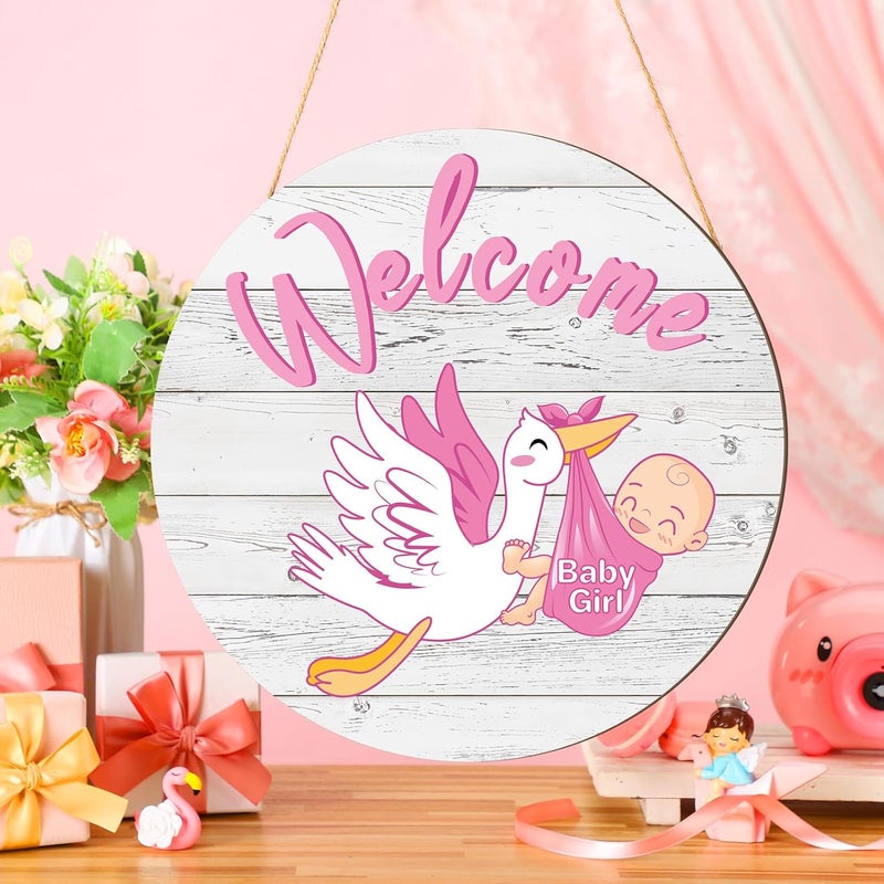 Chunful Baby Girl Door Sign Gender Reveal Welcome Sign Hanging Wreath Round Rustic Wood Farmhouse Decorations Holiday Front Door Decor for Baby Shower Porch Party Supplies - Image 1
